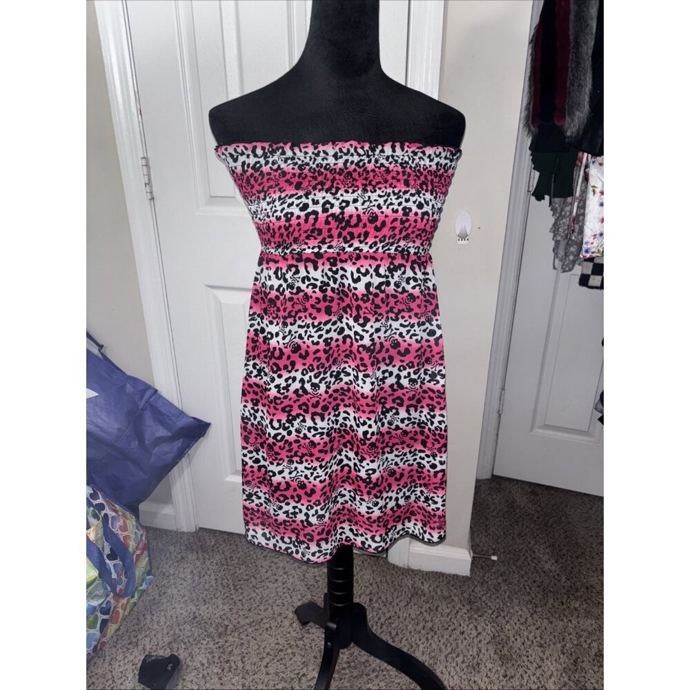 Pink & Black Leopard Print Reversible Tube Dress By Op Medium Stretch Smocked Bo